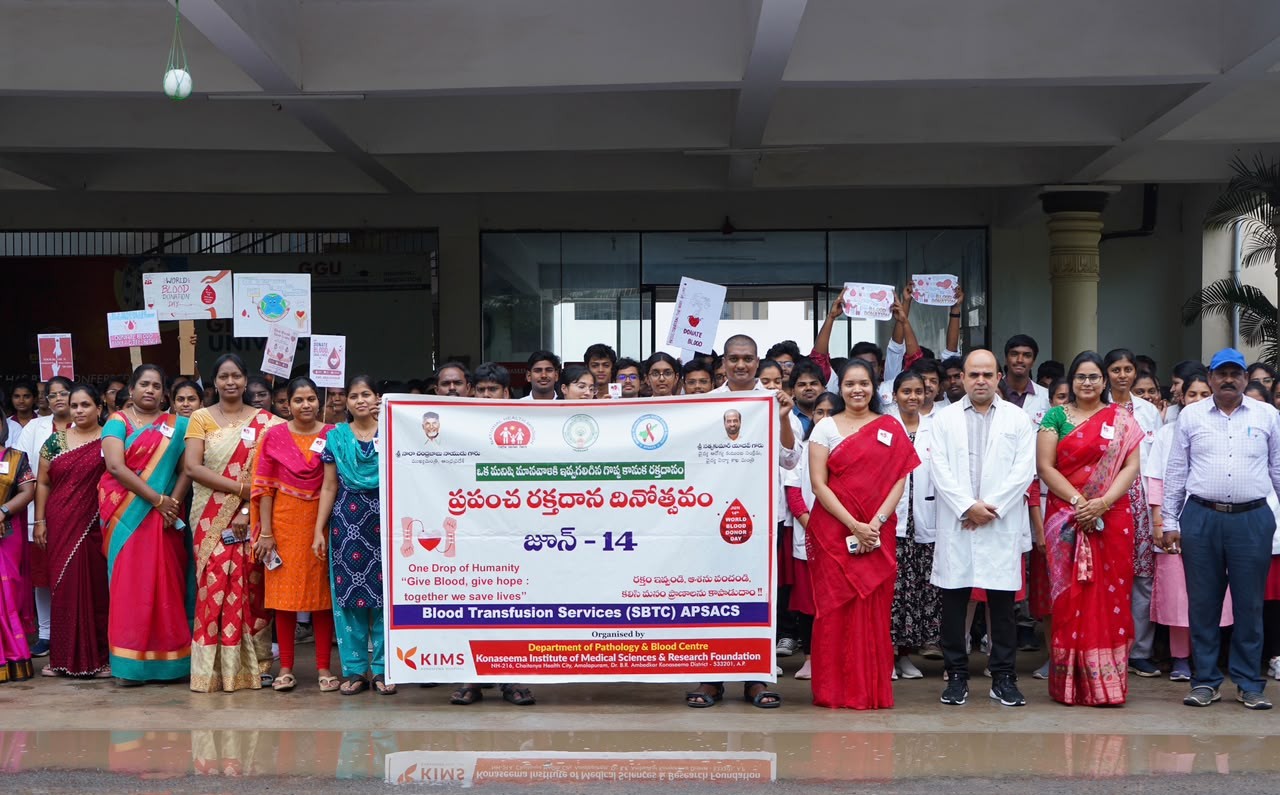KIMS Amalapuram Observes World Blood Donor Day with Awareness Rally and Voluntary Blood Donation Camp